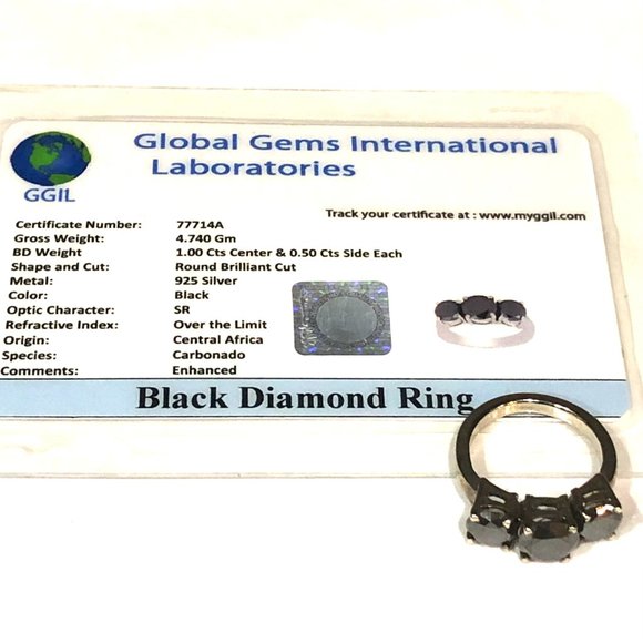 Genuine 2 CTs of 3 Black Diamonds 925 Sterling Silver Ring - Picture 11 of 12